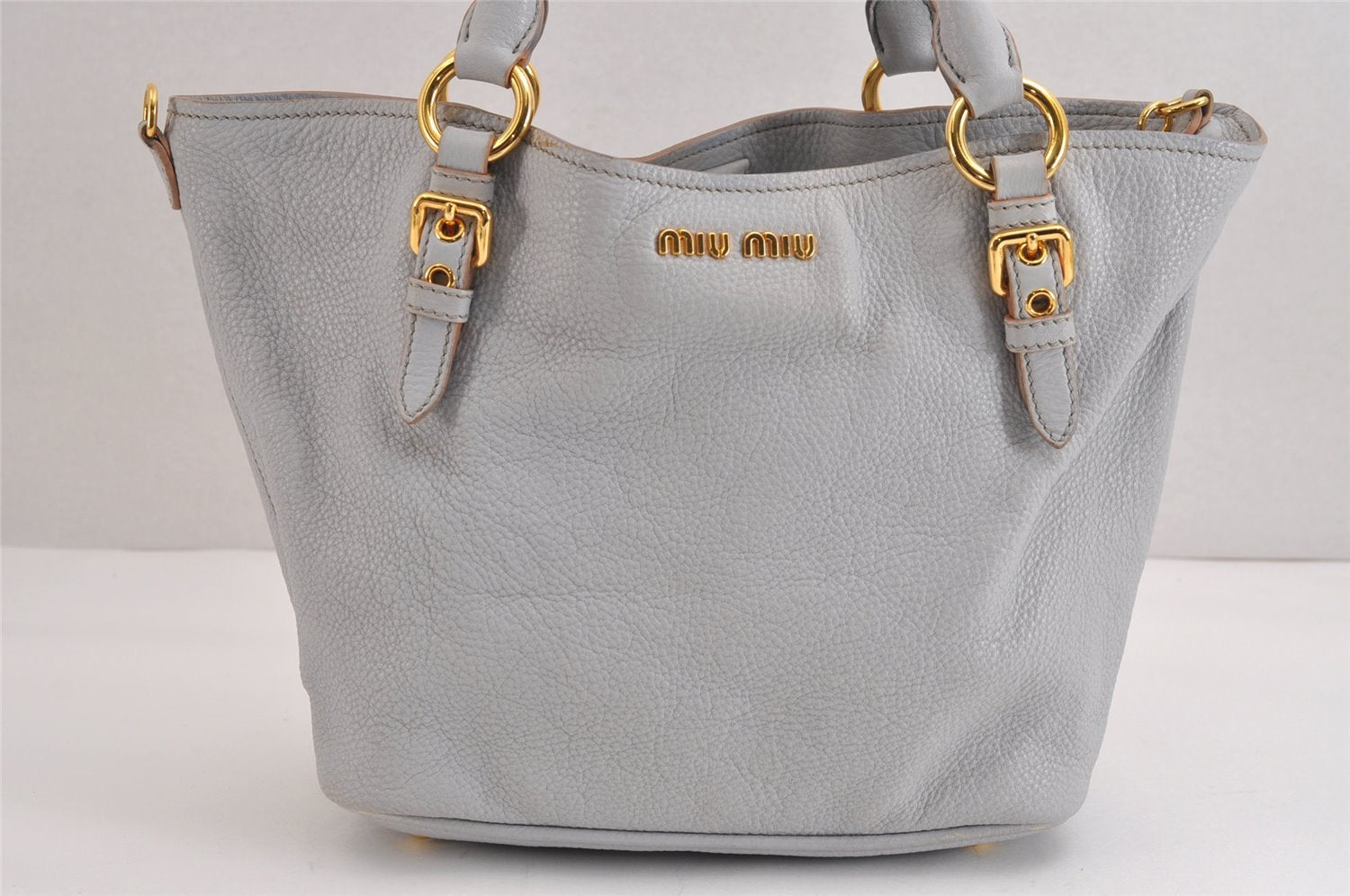 Authentic MIU MIU Vintage Leather 2Way Shoulder Tote Bag Light Gray 3555J