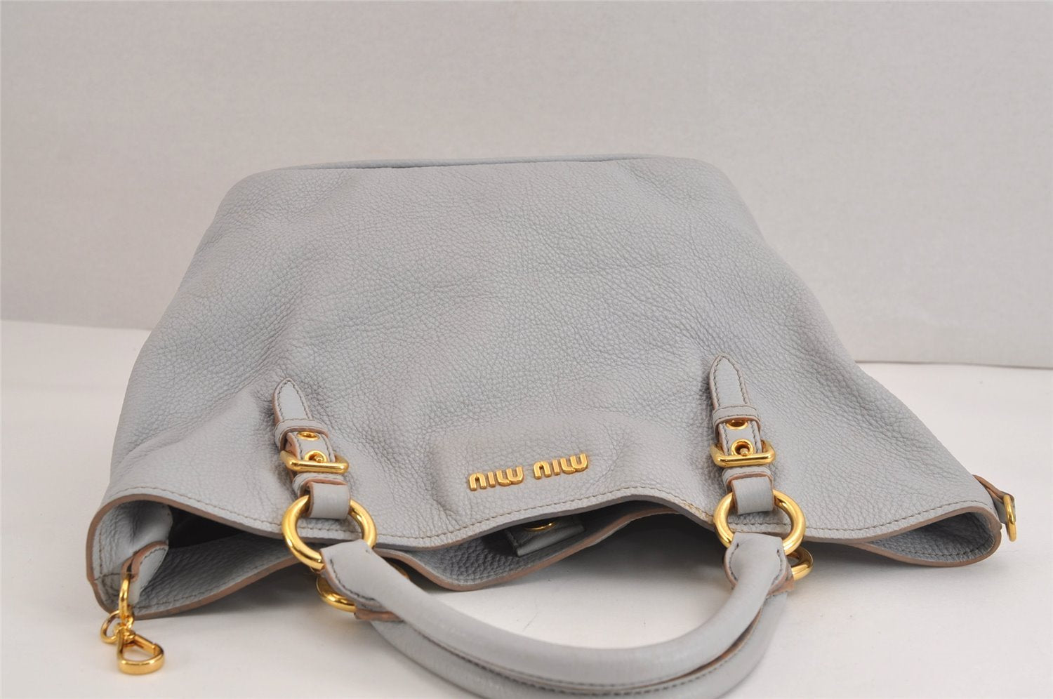 Authentic MIU MIU Vintage Leather 2Way Shoulder Tote Bag Light Gray 3555J