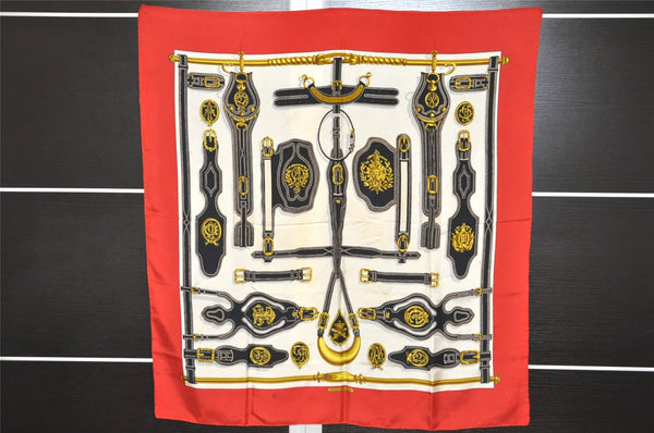 Authentic HERMES Carre 90 Scarf "HARNAIS DES PRESIDENTS" Silk Red 3556K