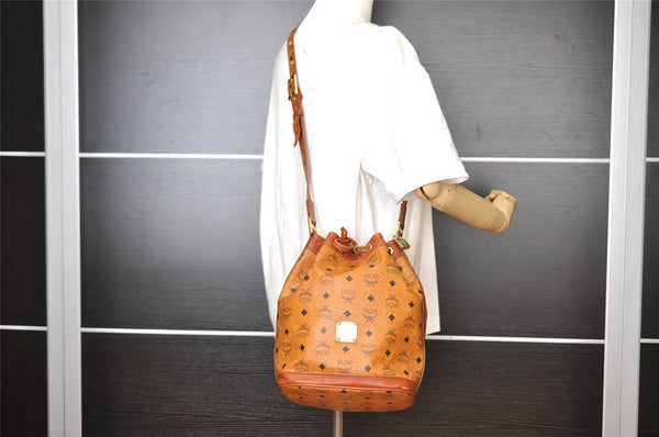 Authentic MCM Visetos Leather Drawstring Shoulder Cross Body Bag Brown 3558I