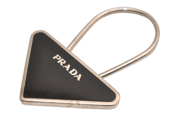 Authentic PRADA Metal Logo Key Ring Charm Silver Plating M713 Black 3558J