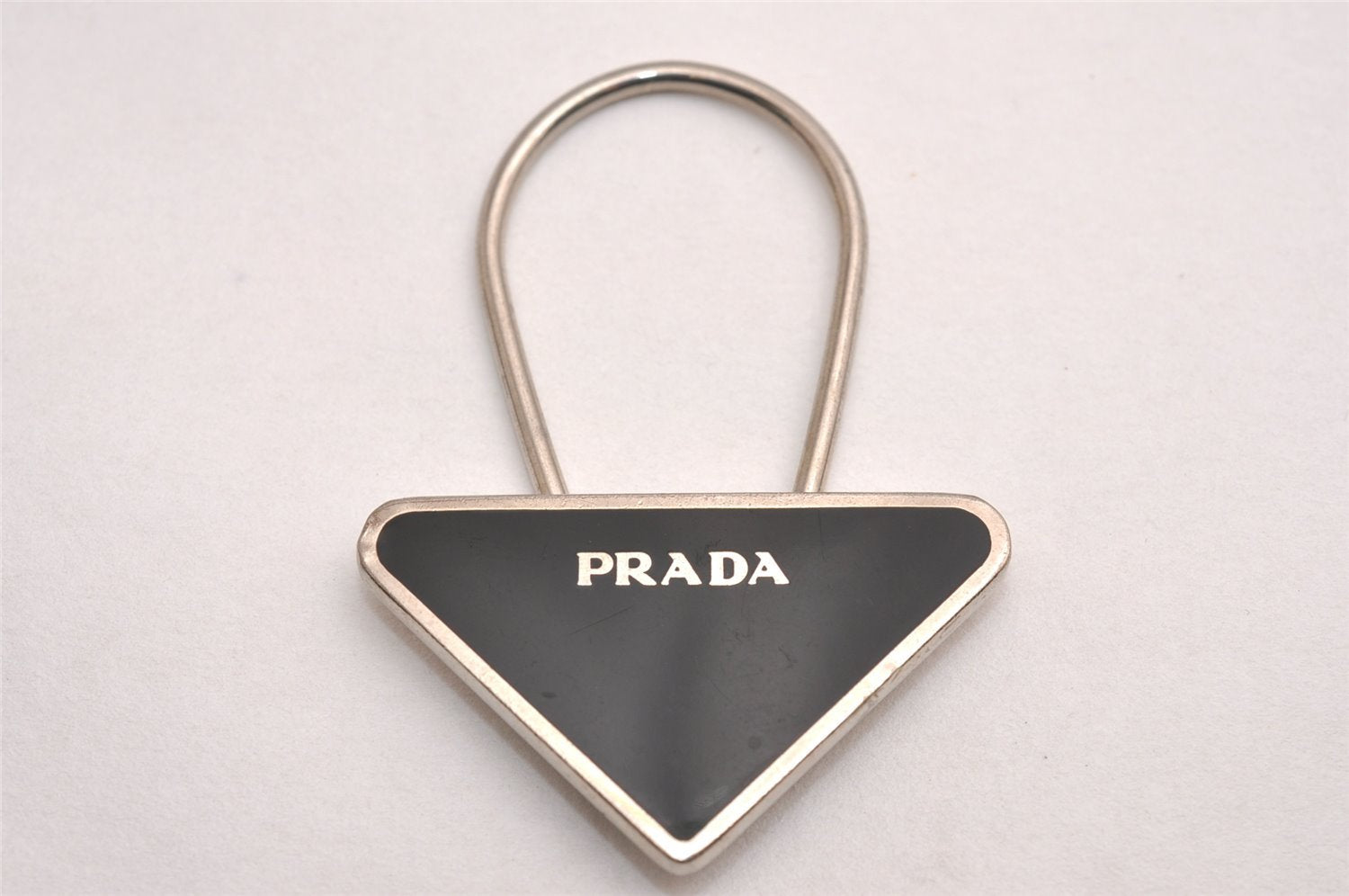 Authentic PRADA Metal Logo Key Ring Charm Silver Plating M713 Black 3558J
