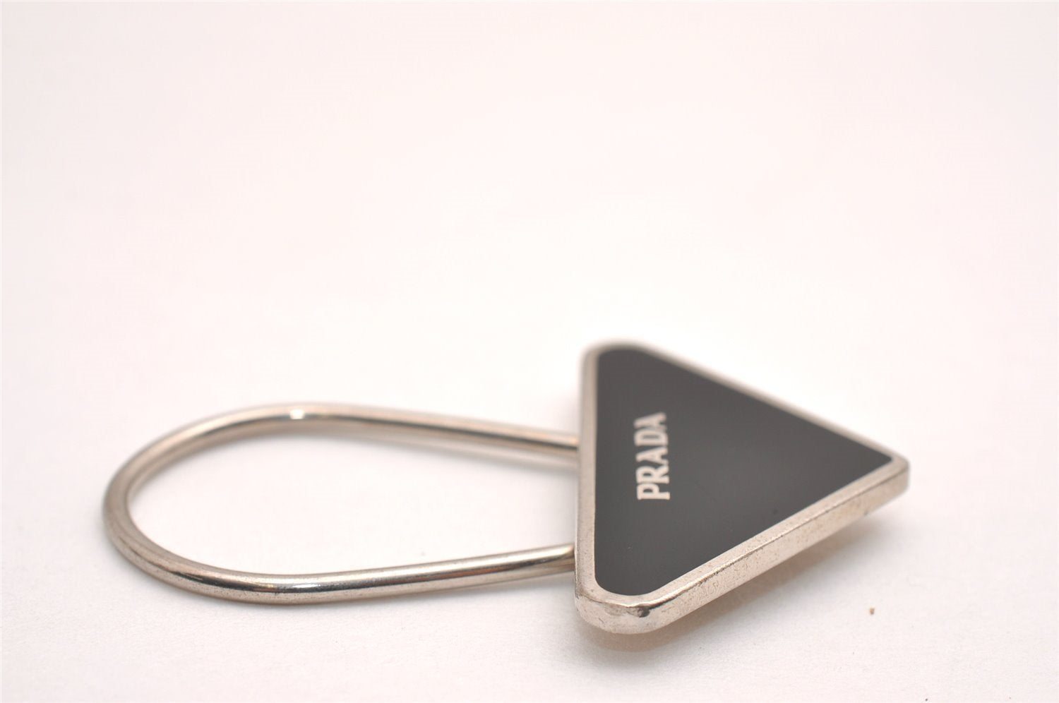 Authentic PRADA Metal Logo Key Ring Charm Silver Plating M713 Black 3558J