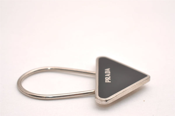 Authentic PRADA Metal Logo Key Ring Charm Silver Plating M713 Black 3558J