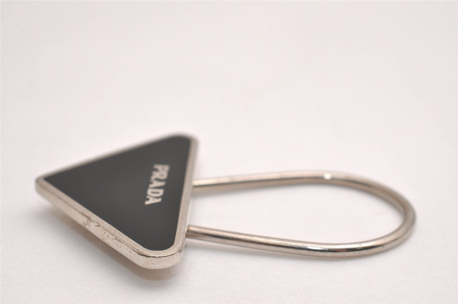Authentic PRADA Metal Logo Key Ring Charm Silver Plating M713 Black 3558J