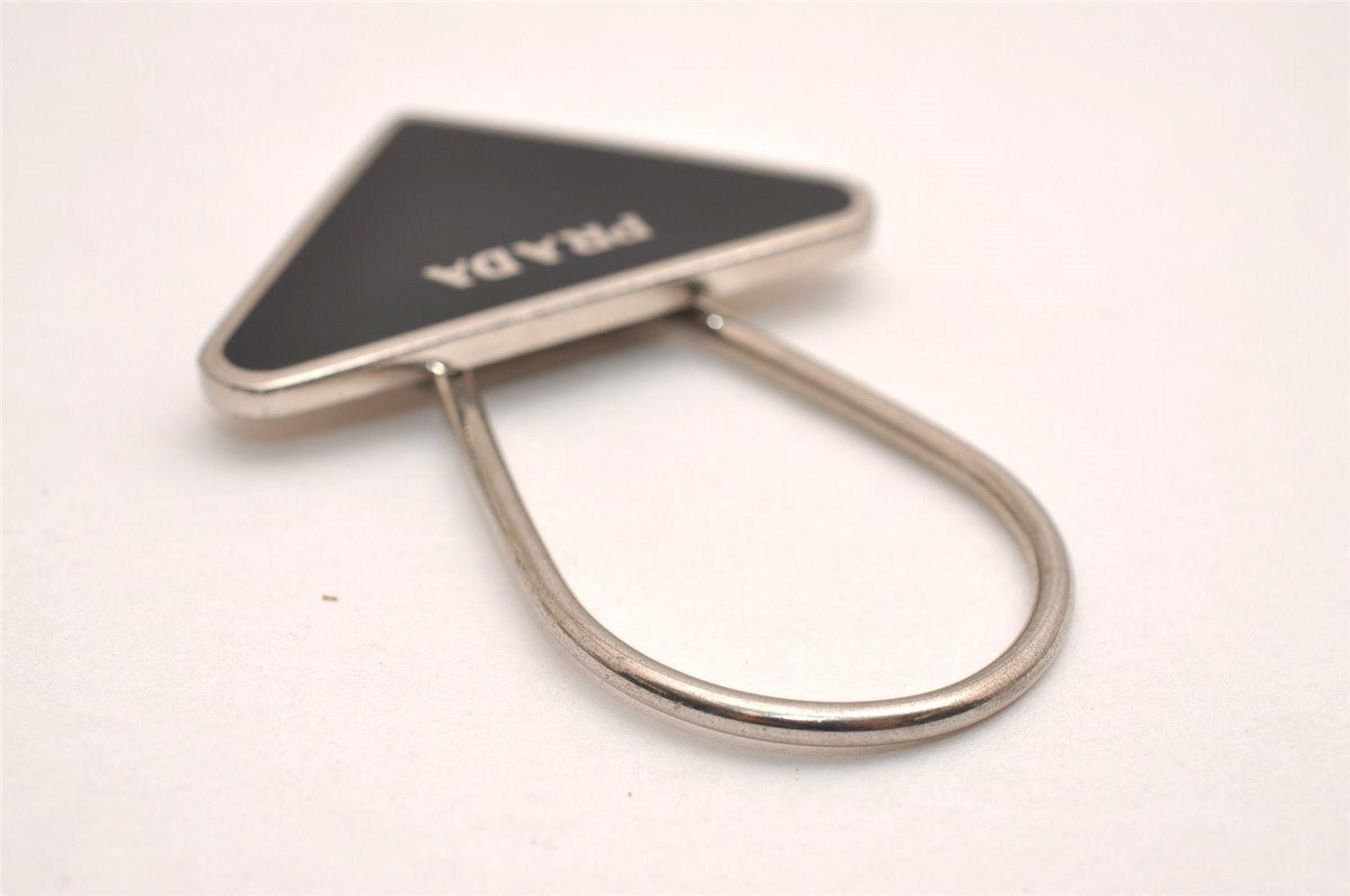 Authentic PRADA Metal Logo Key Ring Charm Silver Plating M713 Black 3558J