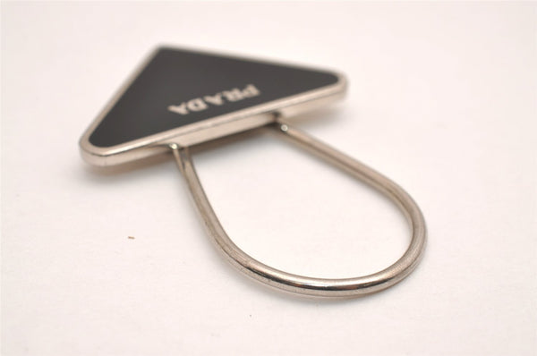 Authentic PRADA Metal Logo Key Ring Charm Silver Plating M713 Black 3558J