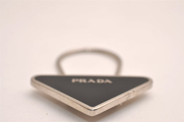 Authentic PRADA Metal Logo Key Ring Charm Silver Plating M713 Black 3558J