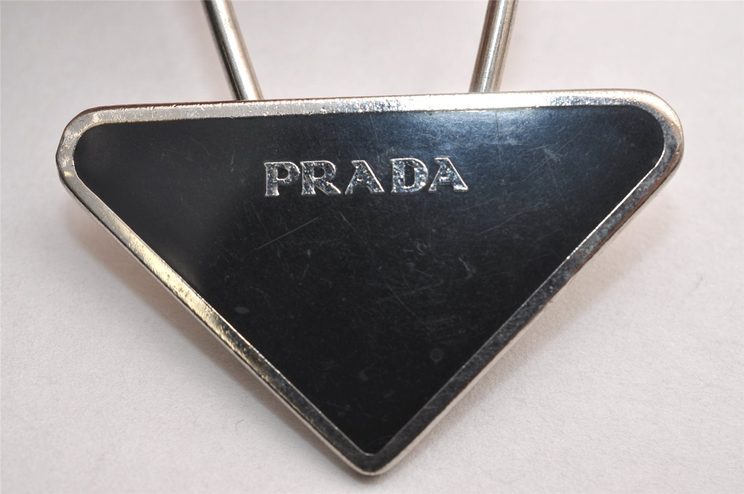 Authentic PRADA Metal Logo Key Ring Charm Silver Plating M713 Black 3558J