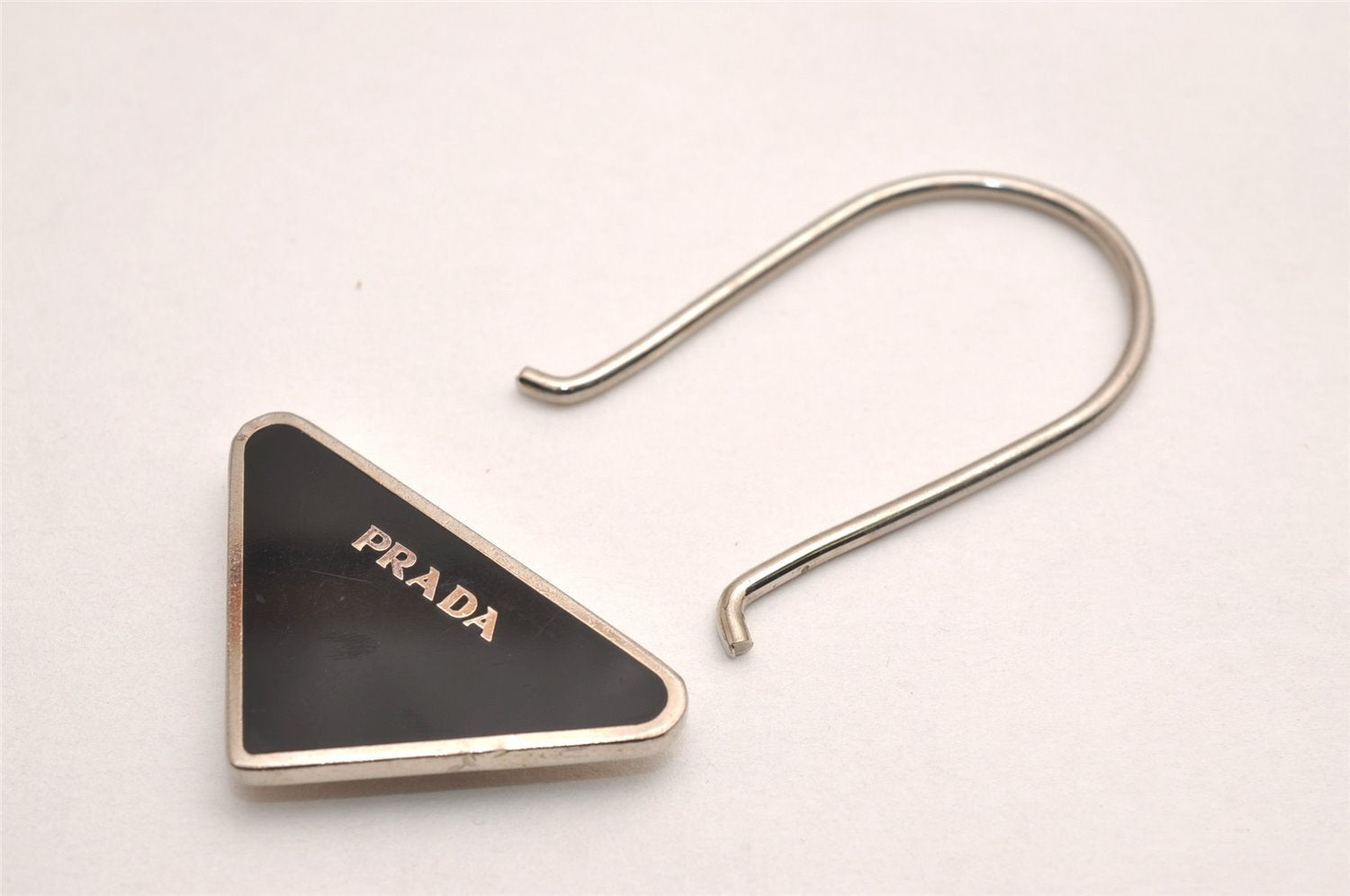 Authentic PRADA Metal Logo Key Ring Charm Silver Plating M713 Black 3558J