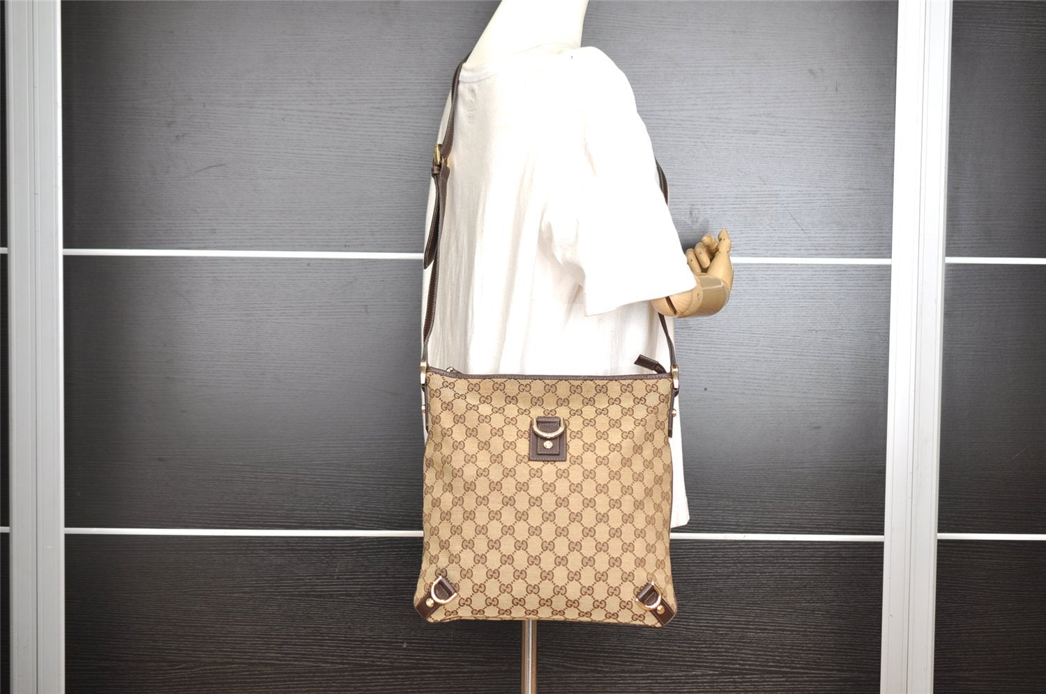 Authentic GUCCI Abbey Shoulder Cross Bag GG Canvas Leather 131326 Brown 3559I