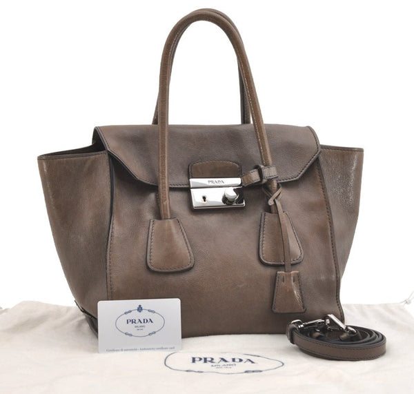 Authentic PRADA Glace Calf Leather Nappa 2Way Tote Bag BN2665 Brown 3561J