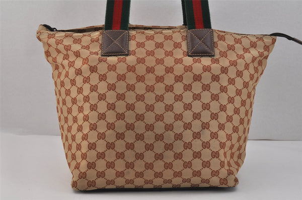 Authentic GUCCI Web Sherry Line Tote Bag GG Nylon Leather 131231 Brown 3561K