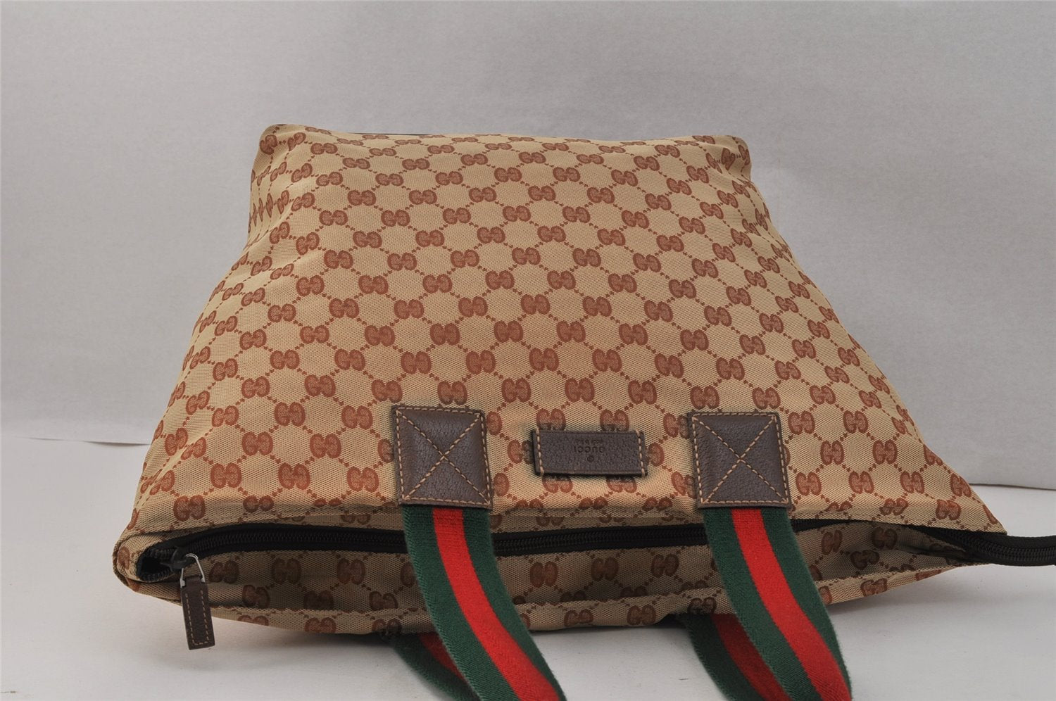 Authentic GUCCI Web Sherry Line Tote Bag GG Nylon Leather 131231 Brown 3561K