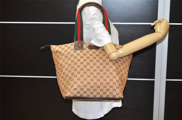 Authentic GUCCI Web Sherry Line Tote Bag GG Nylon Leather 131231 Brown 3561K