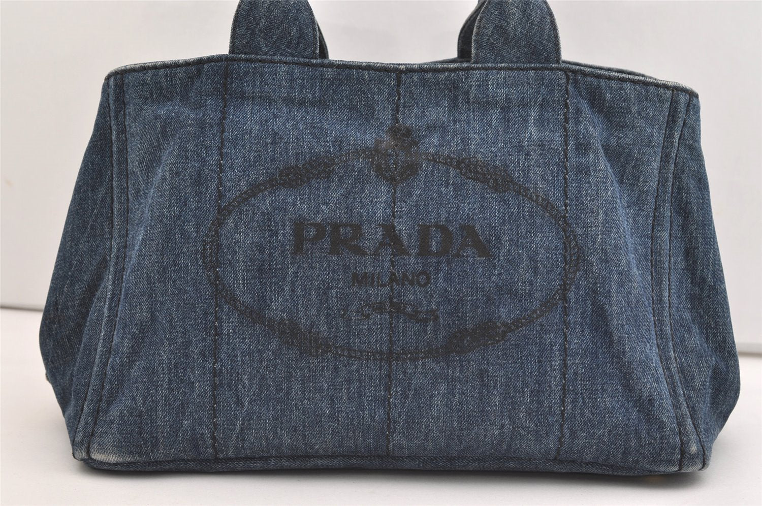 Authentic PRADA Canapa M Denim Tote Hand Bag Blue 3562J