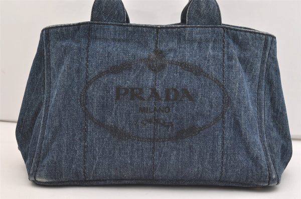 Authentic PRADA Canapa M Denim Tote Hand Bag Blue 3562J