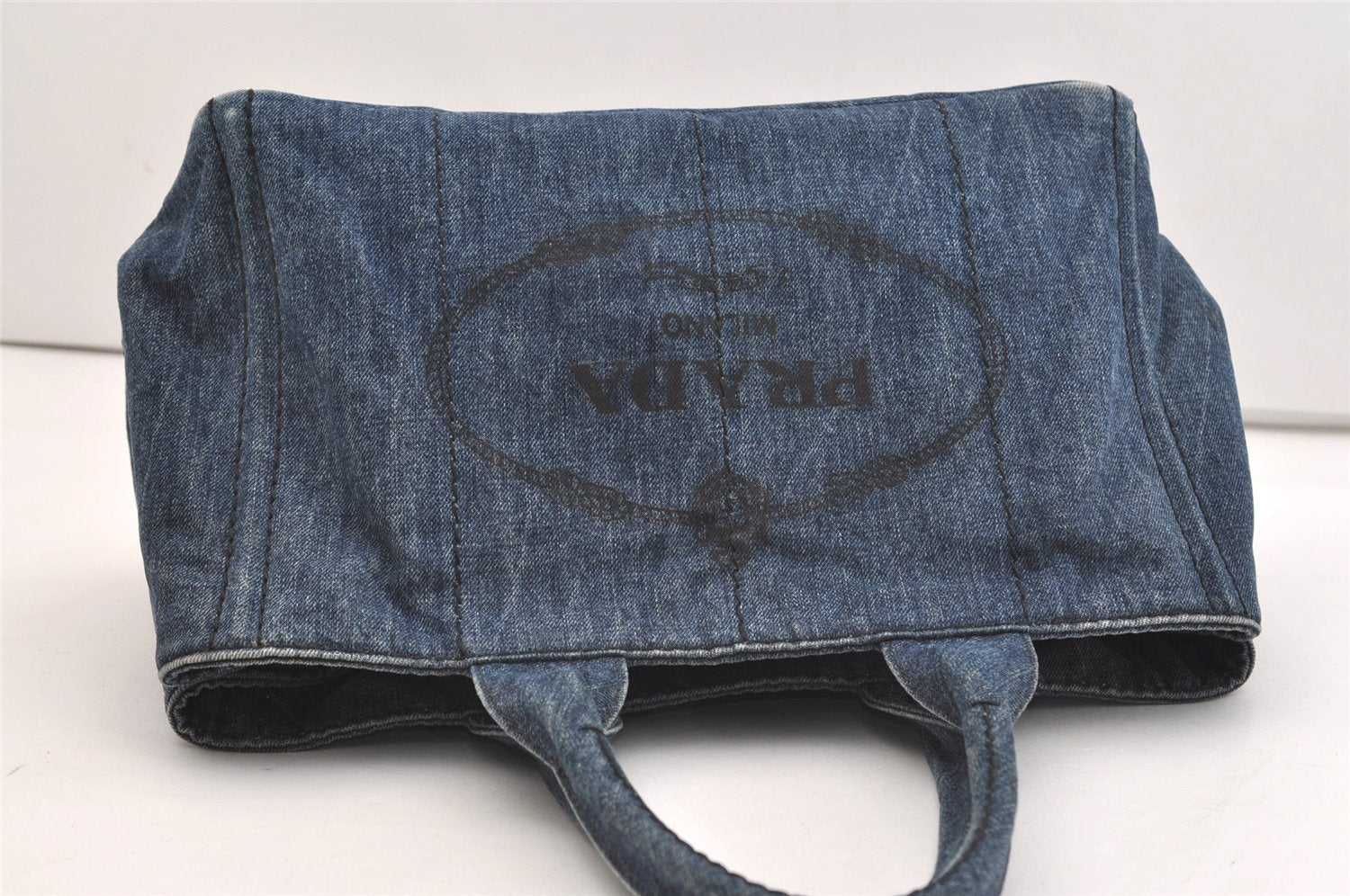 Authentic PRADA Canapa M Denim Tote Hand Bag Blue 3562J