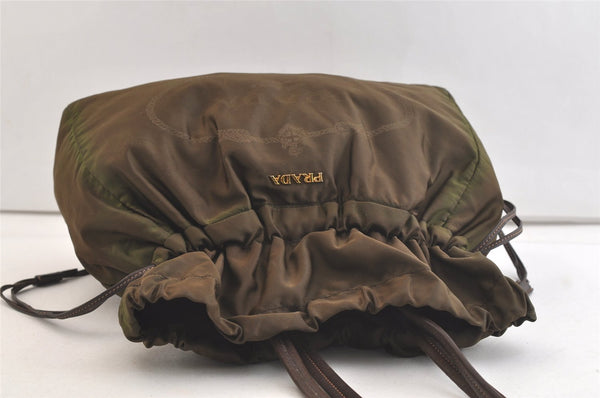 Authentic PRADA Nylon Tessuto Leather Drawstring Bag Khaki Green Junk 3565K