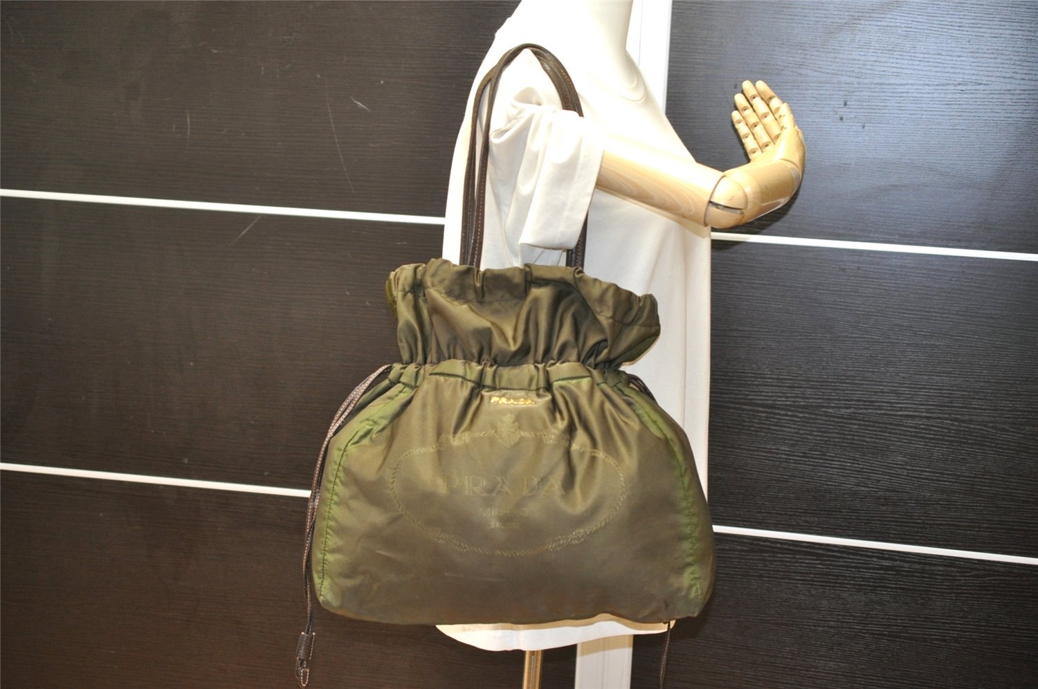 Authentic PRADA Nylon Tessuto Leather Drawstring Bag Khaki Green Junk 3565K