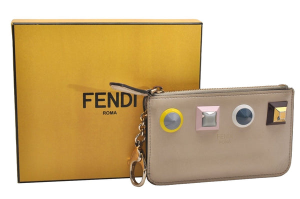 Authentic FENDI Multi Studs Coin Purse Key Case Leather Beige Box 3568J