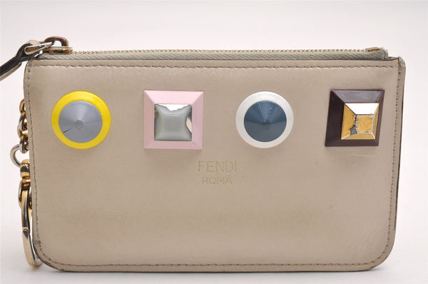 Authentic FENDI Multi Studs Coin Purse Key Case Leather Beige Box 3568J