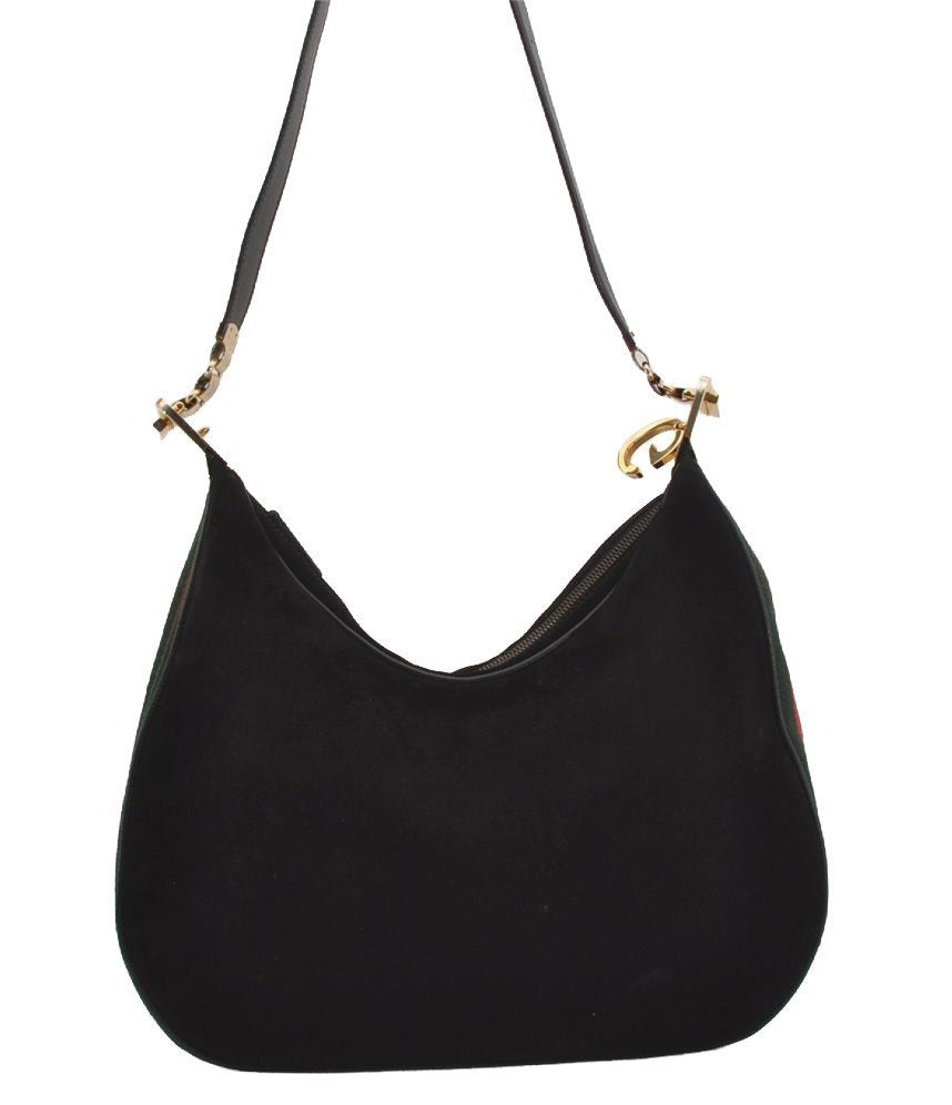 Authentic GUCCI Web Sherry Line Shoulder Hand Bag Suede Leather Black 3571J