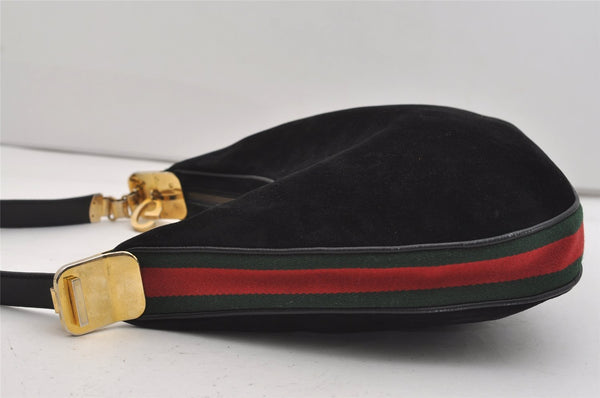 Authentic GUCCI Web Sherry Line Shoulder Hand Bag Suede Leather Black 3571J