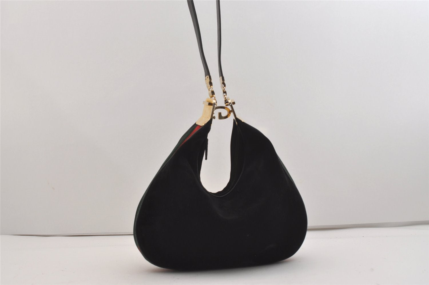 Authentic GUCCI Web Sherry Line Shoulder Hand Bag Suede Leather Black 3571J
