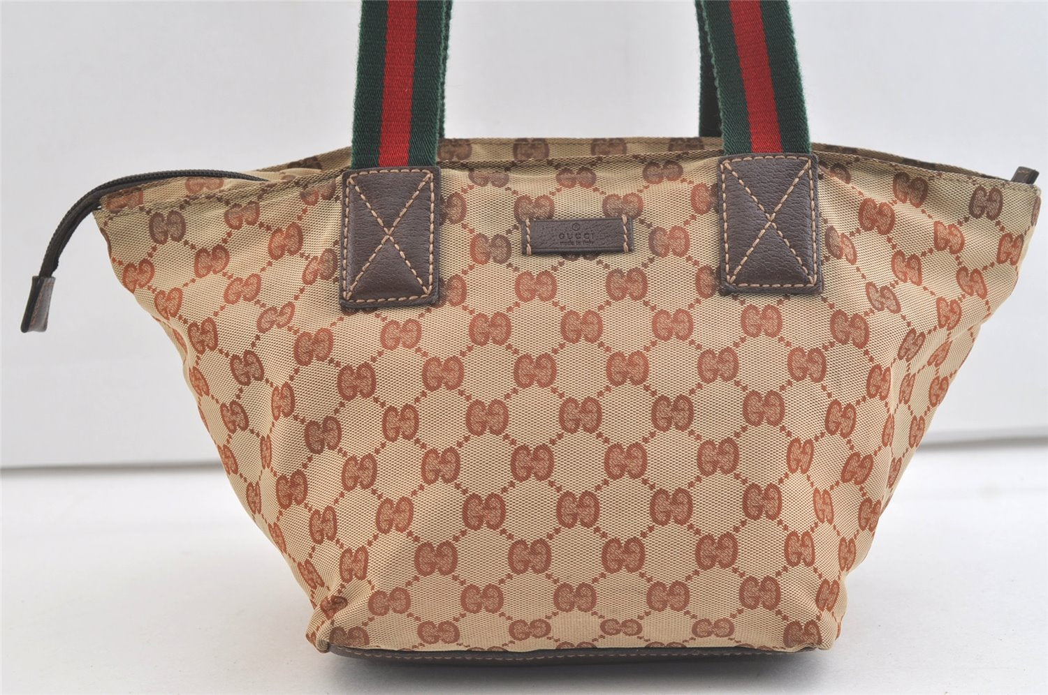 Authentic GUCCI Web Sherry Line Hand Bag GG Canvas Leather 131228 Brown 3579K