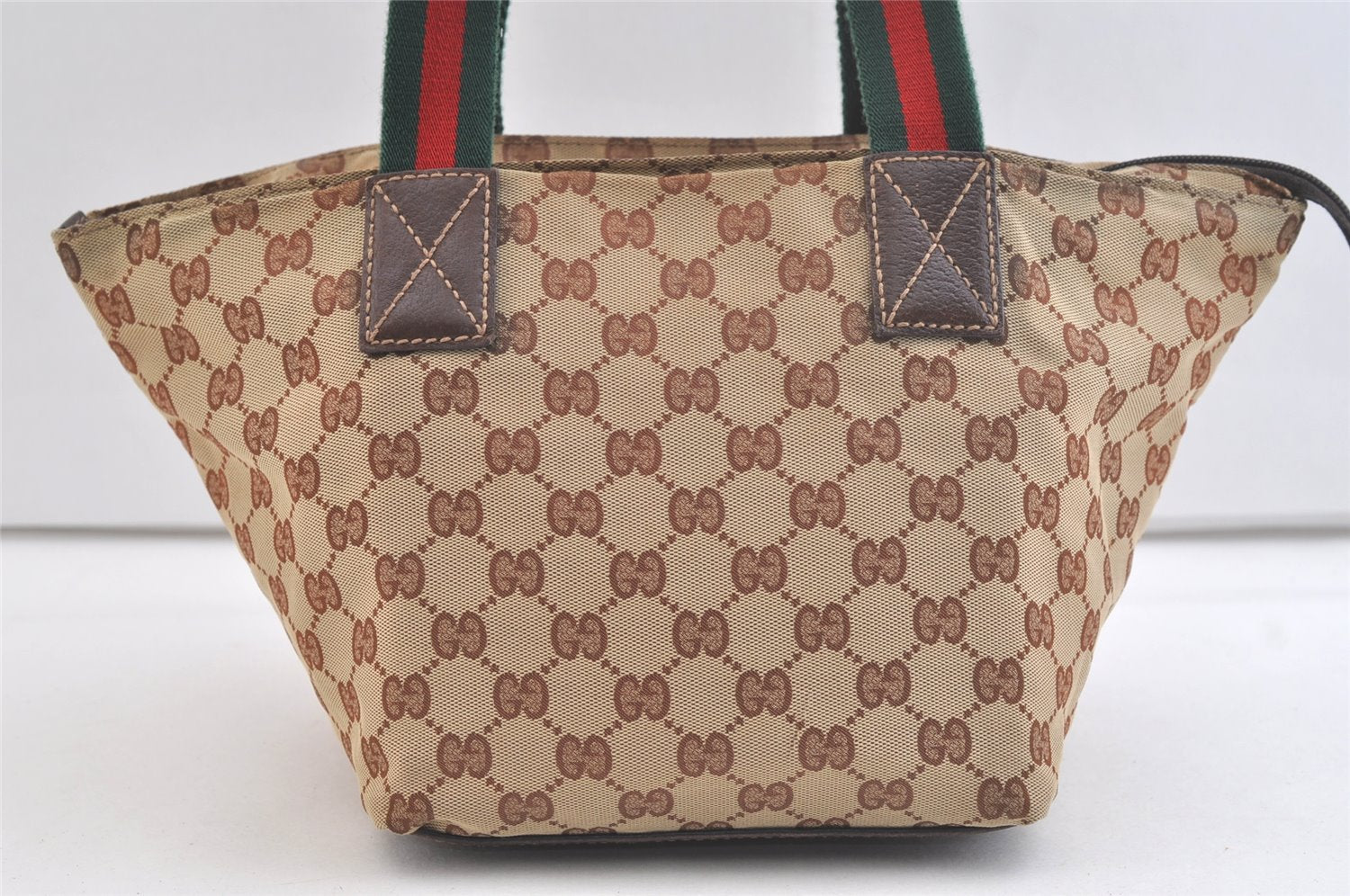 Authentic GUCCI Web Sherry Line Hand Bag GG Canvas Leather 131228 Brown 3579K