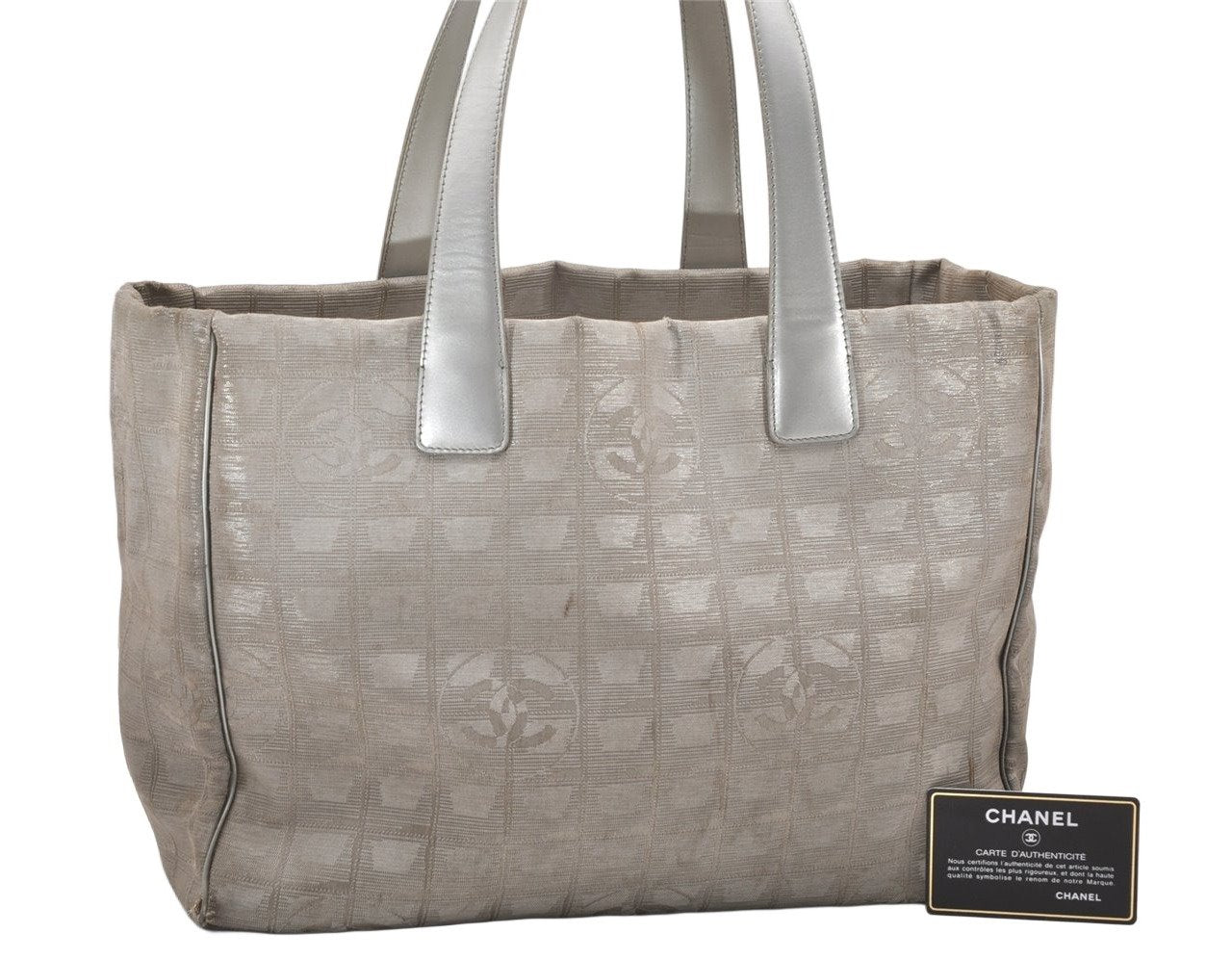 Authentic CHANEL New Travel Line Shoulder Tote Bag Nylon Leather Silver 3580K