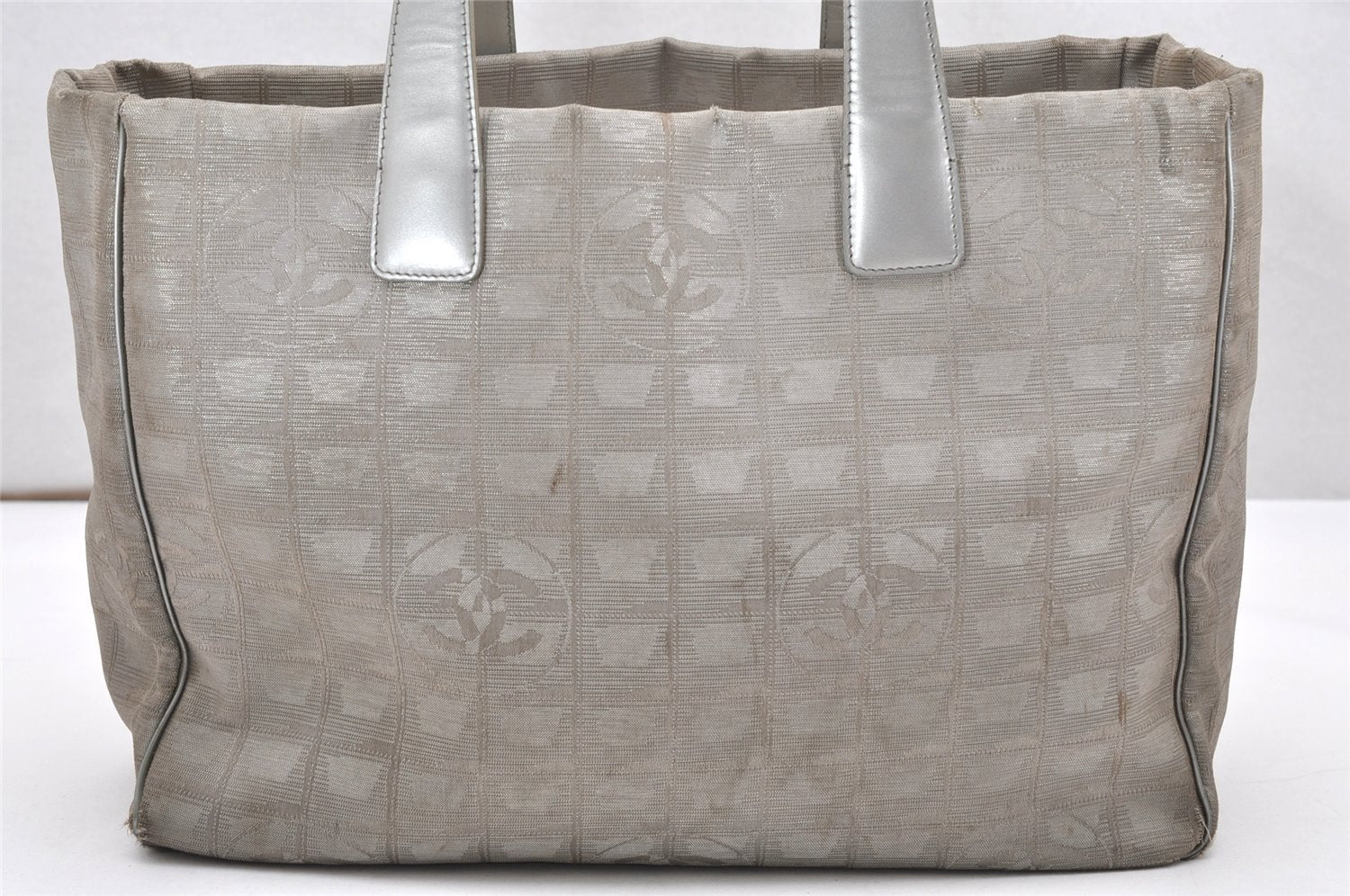 Authentic CHANEL New Travel Line Shoulder Tote Bag Nylon Leather Silver 3580K