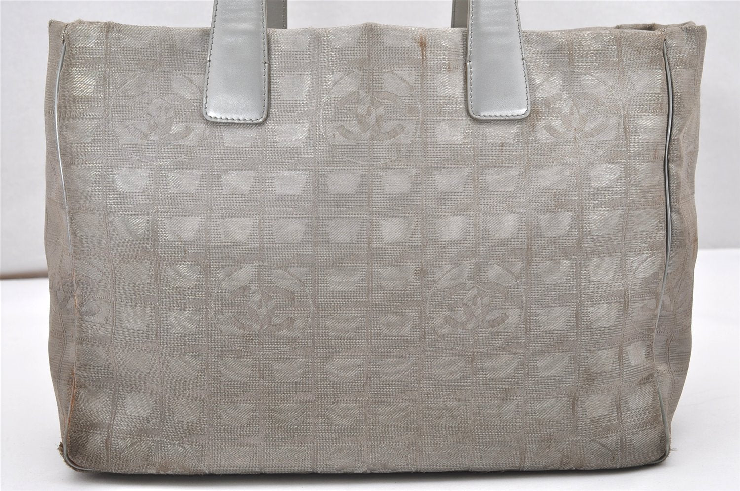 Authentic CHANEL New Travel Line Shoulder Tote Bag Nylon Leather Silver 3580K