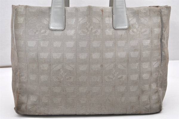 Authentic CHANEL New Travel Line Shoulder Tote Bag Nylon Leather Silver 3580K