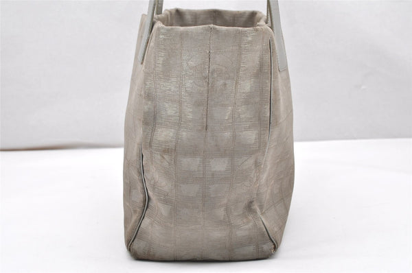 Authentic CHANEL New Travel Line Shoulder Tote Bag Nylon Leather Silver 3580K