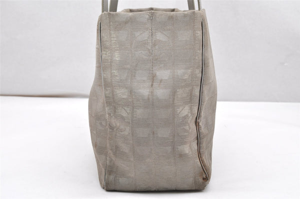 Authentic CHANEL New Travel Line Shoulder Tote Bag Nylon Leather Silver 3580K