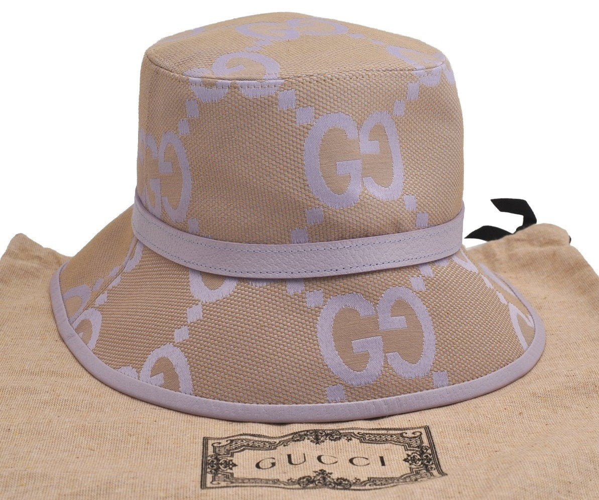 Authentic GUCCI Jumbo GG Bucket Hat Canvas Leather Size M Beige Purple 3581J