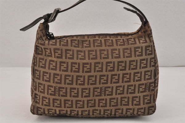 Authentic FENDI Vintage Zucchino Hand Bag Purse Canvas Leather Brown 3581K