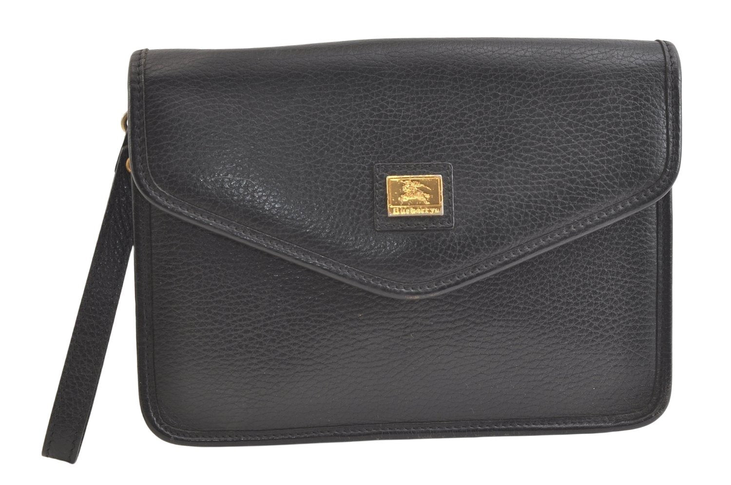 Authentic Burberrys Vintage Leather Clutch Hand Bag Purse Black 3582K
