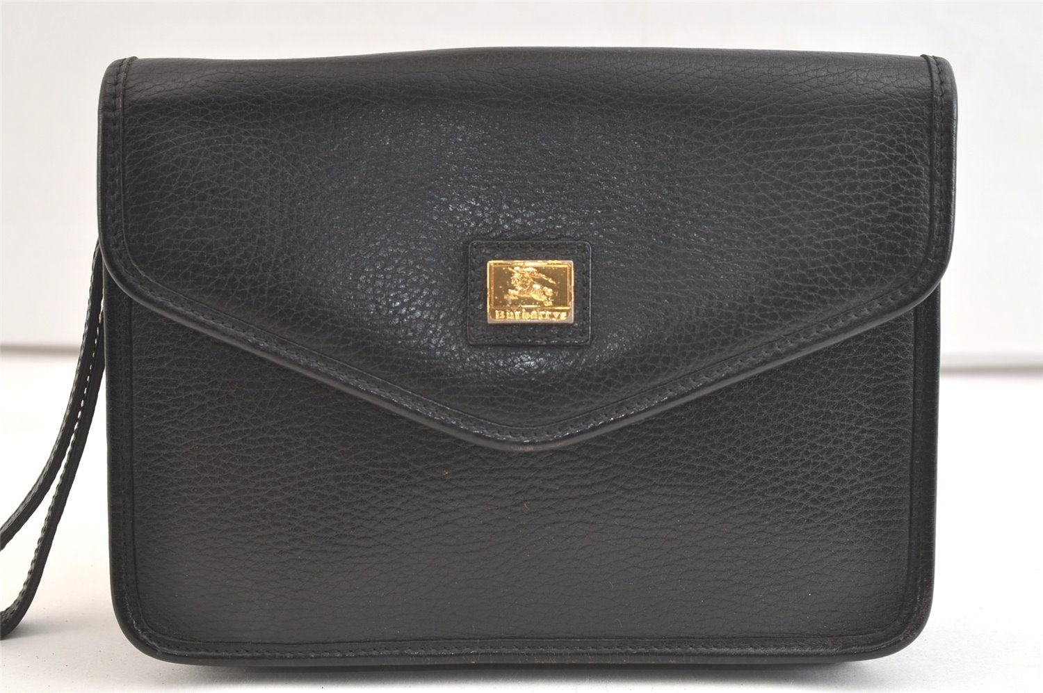 Authentic Burberrys Vintage Leather Clutch Hand Bag Purse Black 3582K