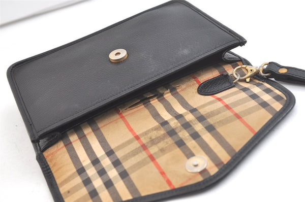 Authentic Burberrys Vintage Leather Clutch Hand Bag Purse Black 3582K