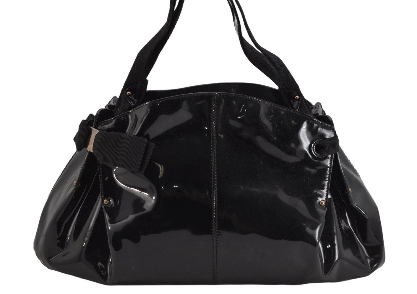 Authentic Salvatore Ferragamo Vara Ribbon Enamel Shoulder Tote Bag Black 3583K