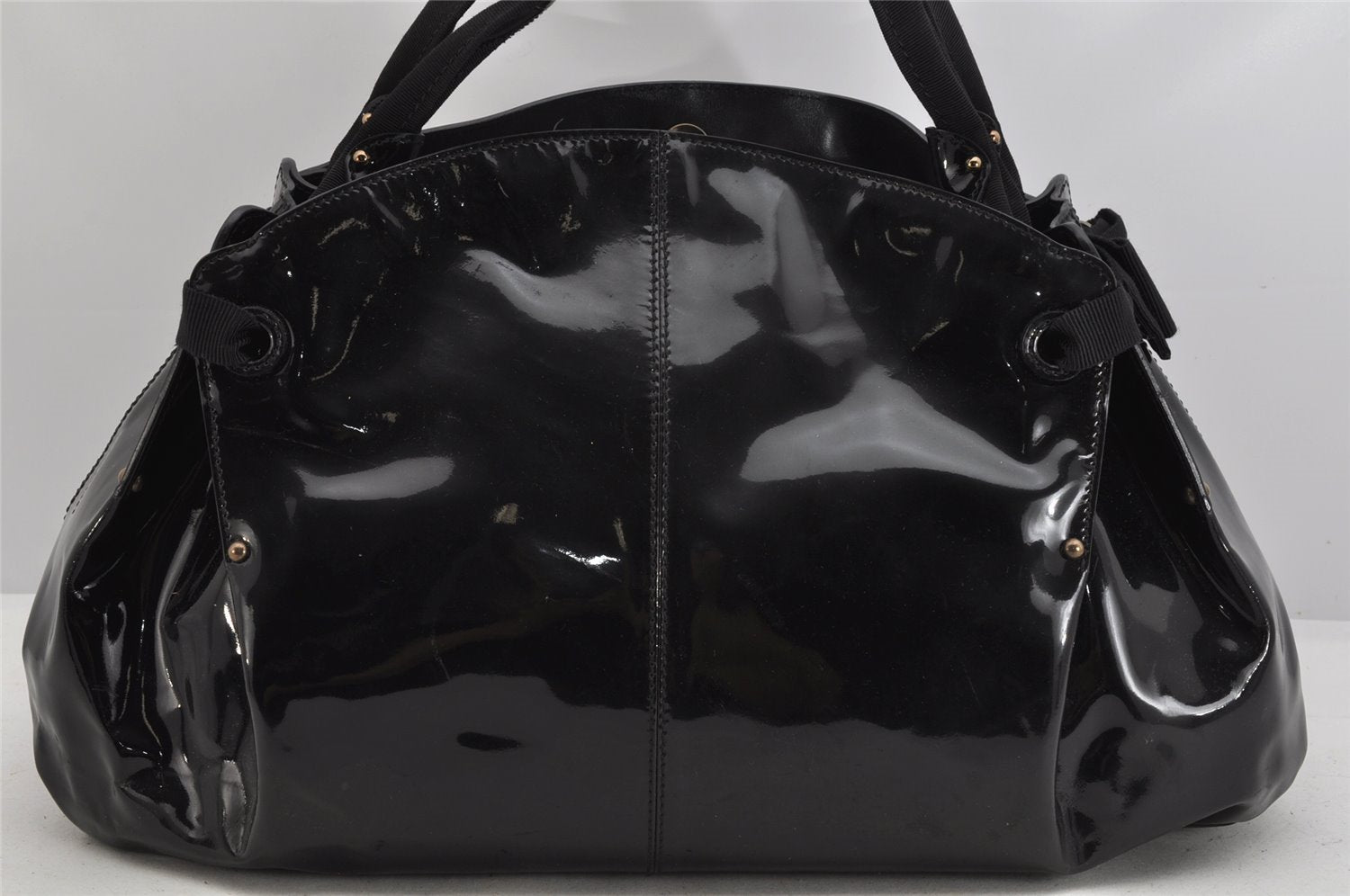 Authentic Salvatore Ferragamo Vara Ribbon Enamel Shoulder Tote Bag Black 3583K