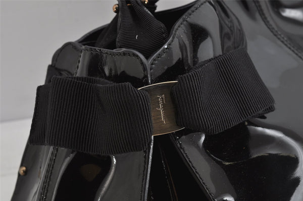 Authentic Salvatore Ferragamo Vara Ribbon Enamel Shoulder Tote Bag Black 3583K