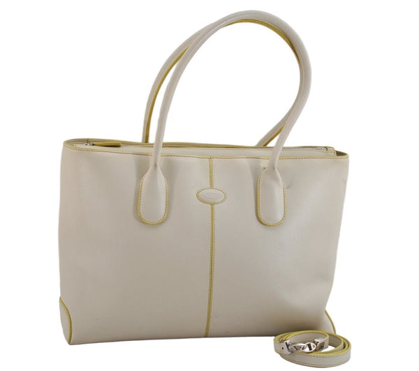 Authentic TODS Vintage Leather 2Way Shoulder Tote Bag White Cream 3584K