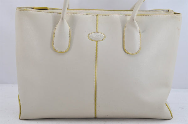 Authentic TODS Vintage Leather 2Way Shoulder Tote Bag White Cream 3584K