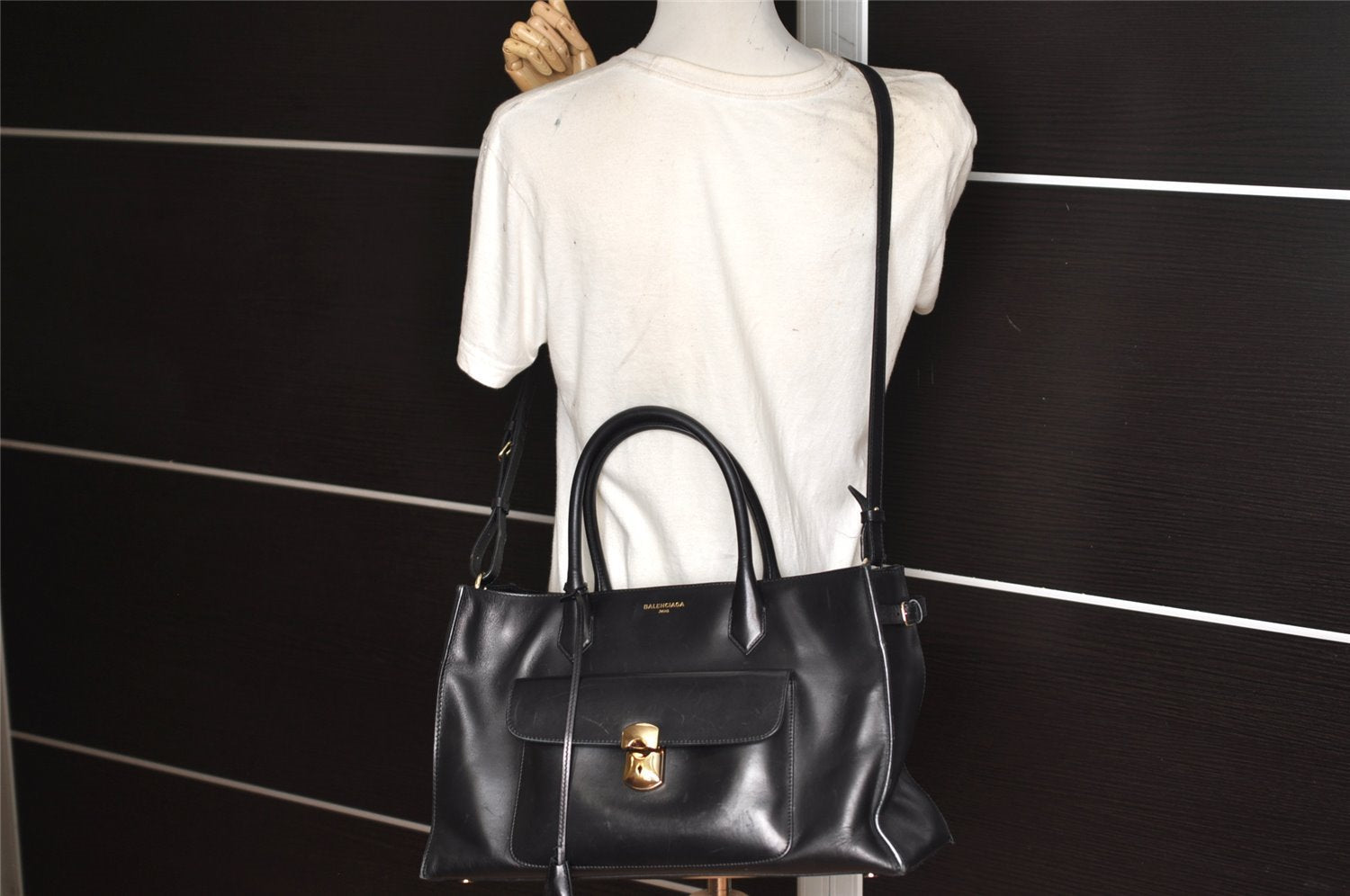 Authentic BALENCIAGA Padlock Work 2Way Tote Bag Leather 332000 Black 3585K