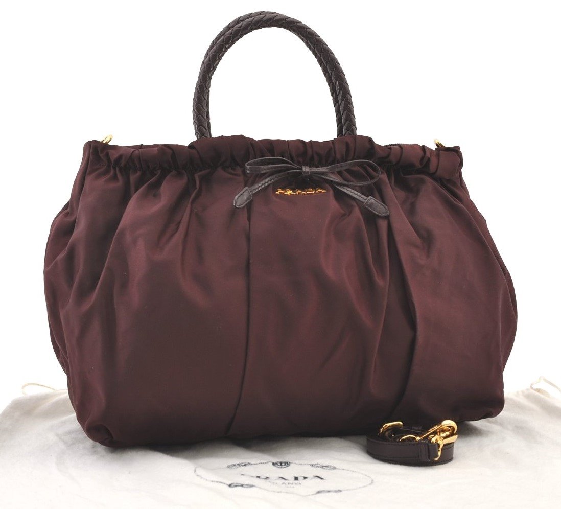 Authentic PRADA Ribbon Nylon Tessuto Leather 2Way Shoulder Tote Bag Purple 3591J