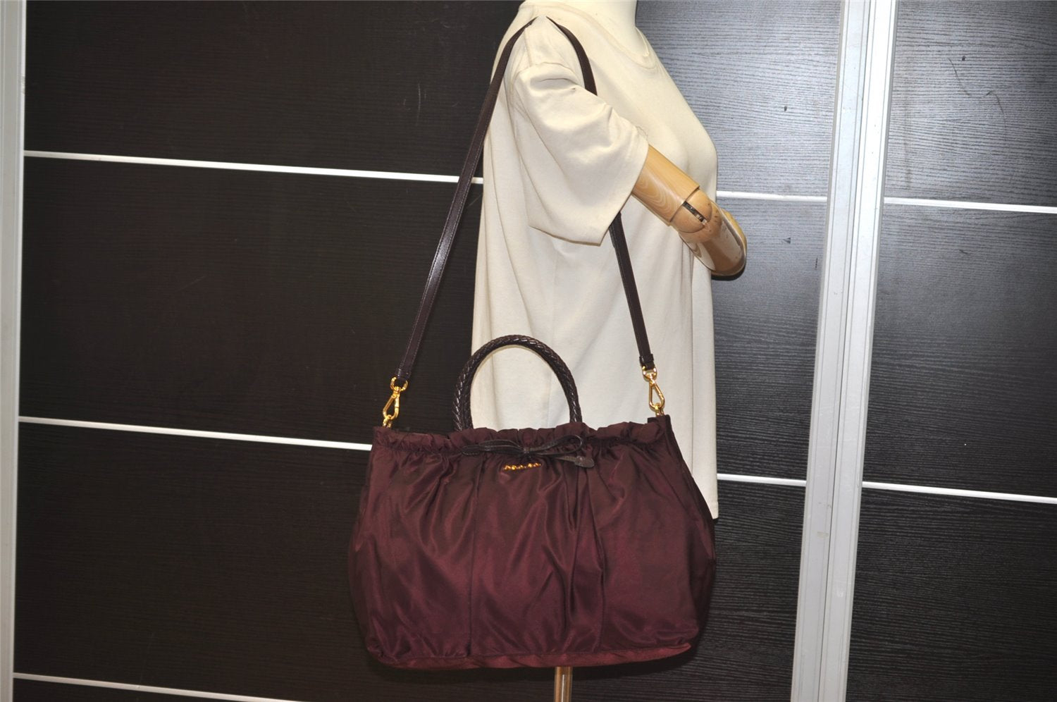 Authentic PRADA Ribbon Nylon Tessuto Leather 2Way Shoulder Tote Bag Purple 3591J